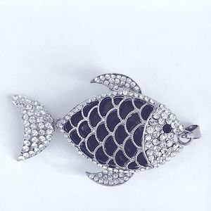 Pendant, Large Rhinestone Encrusted, Fish - Silver Metal, Blue Scales